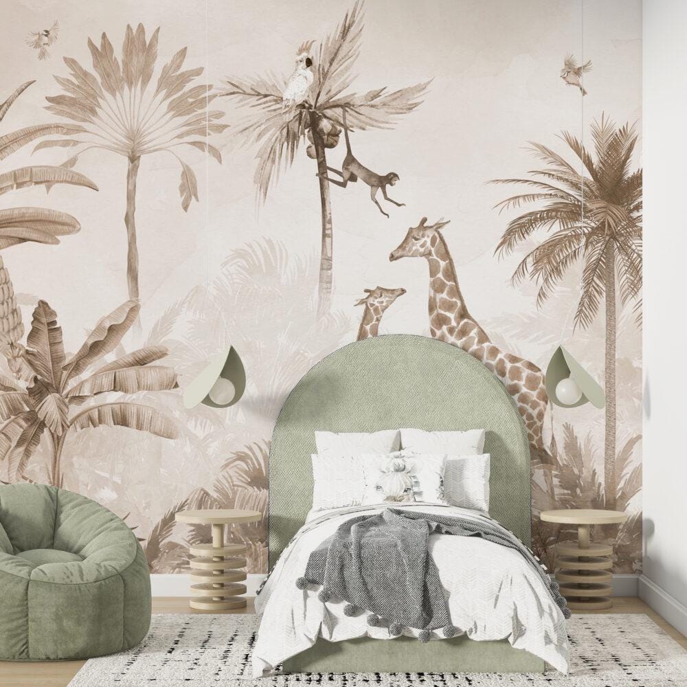 Animals and Tropical Tree in the Beige Jungle Wallpaper, Illustration Safari Kids Wallpaper, Giraffe Wallpaper Nursery, Beige Baby Wallpaper