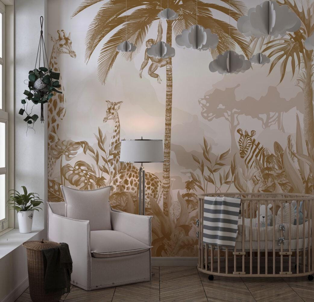 Animals and Tropical Tree in the Sephya Tone Jungle Wallpaper, Illustration Safari Kids Wallpaper, Giraffe Wallpaper Nursery, Baby Wallpaper