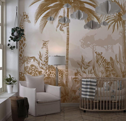Animals and Tropical Tree in the Sephya Tone Jungle Wallpaper, Illustration Safari Kids Wallpaper, Giraffe Wallpaper Nursery, Baby Wallpaper