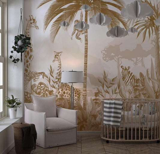 Animals and Tropical Tree in the Sephya Tone Jungle Wallpaper, Illustration Safari Kids Wallpaper, Giraffe Wallpaper Nursery, Baby Wallpaper