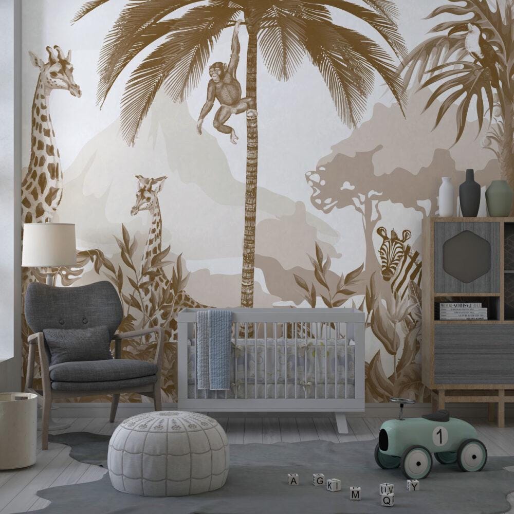 Animals and Tropical Tree in the Sephya Tone Jungle Wallpaper, Illustration Safari Kids Wallpaper, Giraffe Wallpaper Nursery, Baby Wallpaper