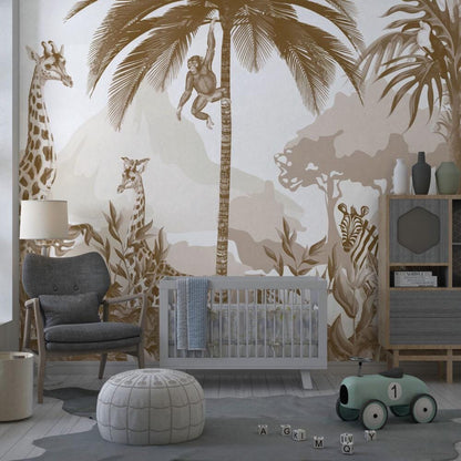 Animals and Tropical Tree in the Sephya Tone Jungle Wallpaper, Illustration Safari Kids Wallpaper, Giraffe Wallpaper Nursery, Baby Wallpaper