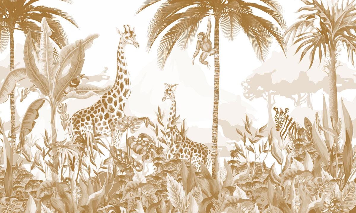 Animals and Tropical Tree in the Sephya Tone Jungle Wallpaper, Illustration Safari Kids Wallpaper, Giraffe Wallpaper Nursery, Baby Wallpaper