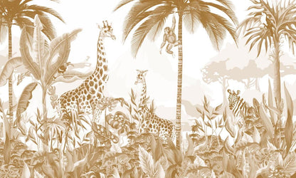 Animals and Tropical Tree in the Sephya Tone Jungle Wallpaper, Illustration Safari Kids Wallpaper, Giraffe Wallpaper Nursery, Baby Wallpaper