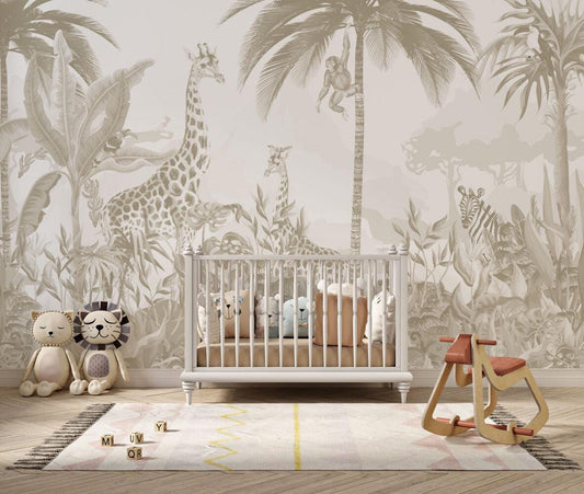 Animals and Tropical Tree in the Bright Tone Jungle Wallpaper, Illustration Safari Kids Wallpaper, Giraffe Wallpaper Nursery, Baby Wallpaper