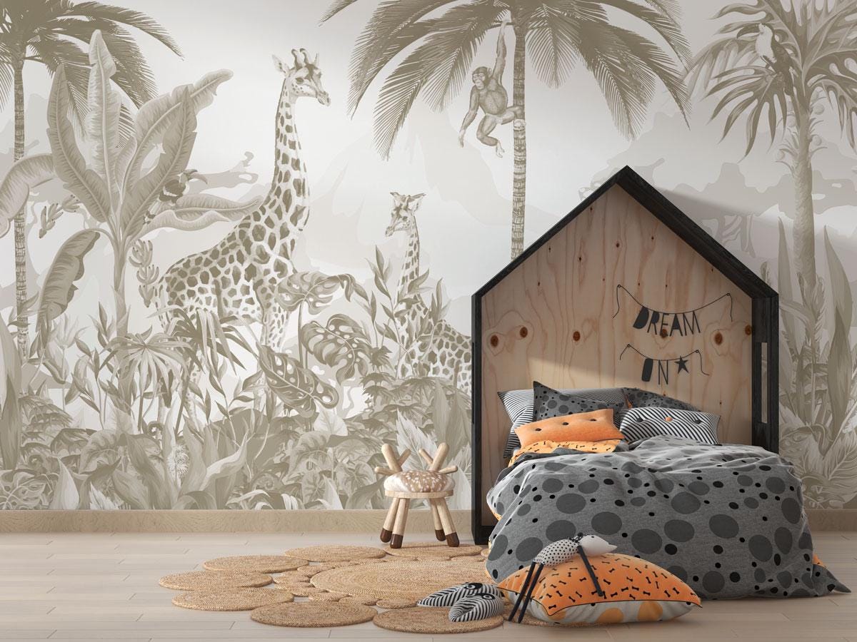 Animals and Tropical Tree in the Bright Tone Jungle Wallpaper, Illustration Safari Kids Wallpaper, Giraffe Wallpaper Nursery, Baby Wallpaper
