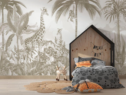 Animals and Tropical Tree in the Bright Tone Jungle Wallpaper, Illustration Safari Kids Wallpaper, Giraffe Wallpaper Nursery, Baby Wallpaper
