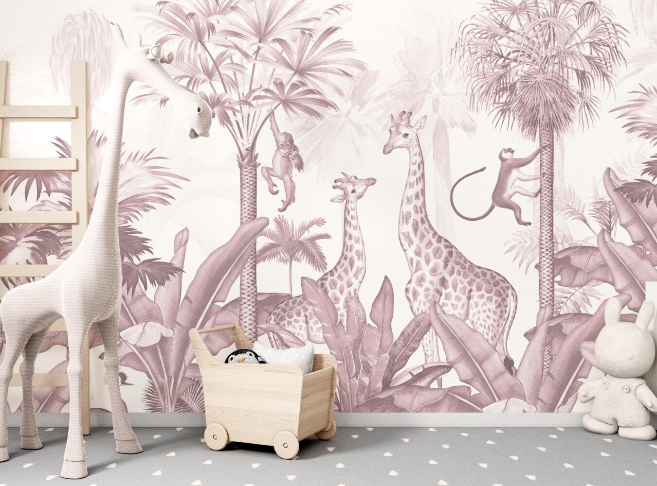 Animals and Tropical Tree in the Pink Tone Jungle Wallpaper, Illustration Safari Kids Wallpaper, Giraffe Wallpaper Nursery, Baby Wallpaper