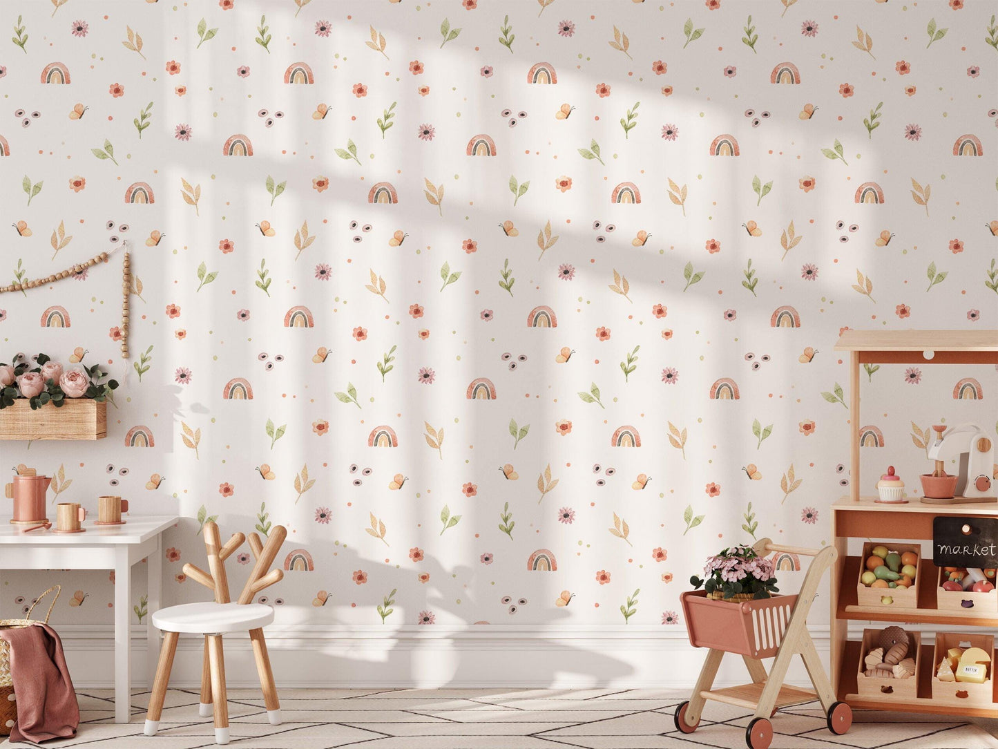 Colorful Minimal Flowers Girl Wallpaper, illustration Wallpaper Nursery, Peel Stick Watercolor Wallpaper, Rainbow Kids Wallpaper