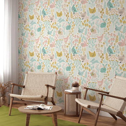 Easter Bunnies and Chicks Egg Pattern Wallpaper, Pastel Animal Themed Kids Room Wall Poster, Illustration Watercolor Girl Wallpaper Nursery