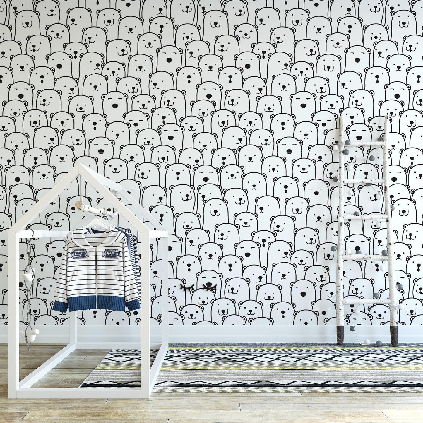 Cute Crowded Bears Line Art Pattern Kids Wallpaper, Cute Baby Room Sketch Wallpaper, Kids Room Wall Poster, Drawwing Wallpaper Nursery