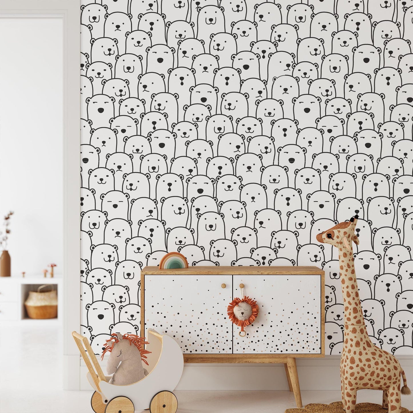 Cute Crowded Bears Line Art Pattern Kids Wallpaper, Cute Baby Room Sketch Wallpaper, Kids Room Wall Poster, Drawwing Wallpaper Nursery