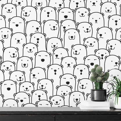 Cute Crowded Bears Line Art Pattern Kids Wallpaper, Cute Baby Room Sketch Wallpaper, Kids Room Wall Poster, Drawwing Wallpaper Nursery