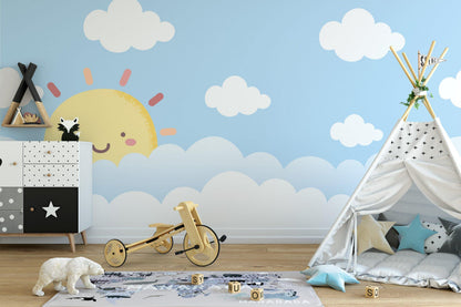 Cute Smiling Sun and Clouds Kids Room Wallpaper, Watercolor Sky and Sun Wallpaper For Kidsroom, Blue Child Wallpaper, Illustration Wallpaper