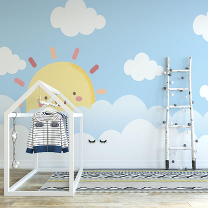 Cute Smiling Sun and Clouds Kids Room Wallpaper, Watercolor Sky and Sun Wallpaper For Kidsroom, Blue Child Wallpaper, Illustration Wallpaper