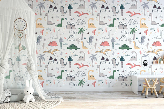 Doodle Dinosaur Drawings Wallpaper, Cute Drawing Dinosaur 3D Wall Poster, Kids Wallpaper, Cute Baby Room Sketch Wallpaper, Wallpaper Nursery