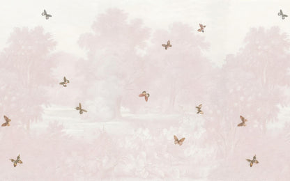 Pink Forest and Butterflies Baby Girl Wallpaper, Sky Wall Poster, Soft Pink Background Baby Room Wallpaper, Illustration Wallpaper Nursery