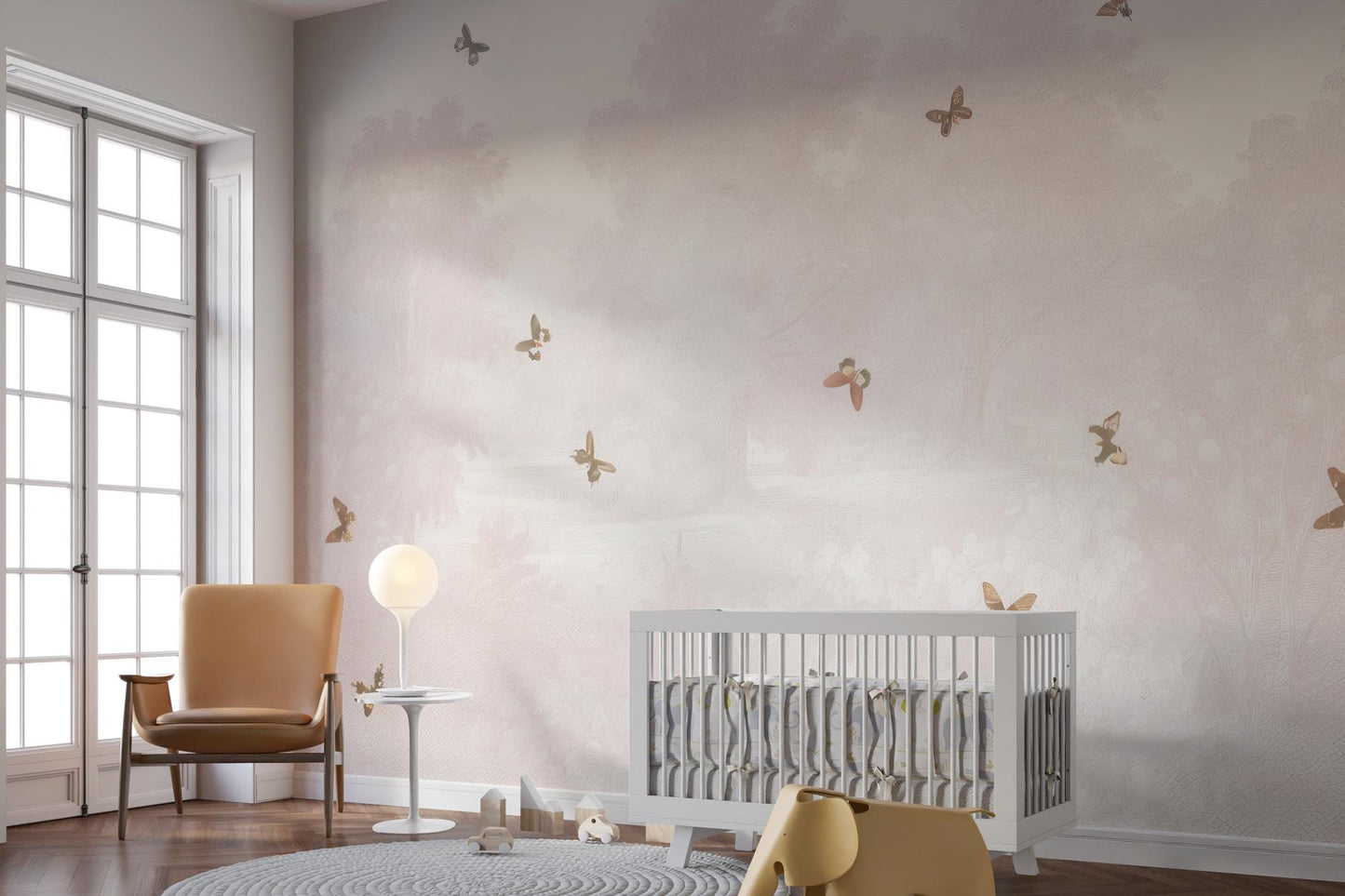 Pink Forest and Butterflies Baby Girl Wallpaper, Sky Wall Poster, Soft Pink Background Baby Room Wallpaper, Illustration Wallpaper Nursery