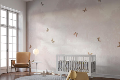 Pink Forest and Butterflies Baby Girl Wallpaper, Sky Wall Poster, Soft Pink Background Baby Room Wallpaper, Illustration Wallpaper Nursery