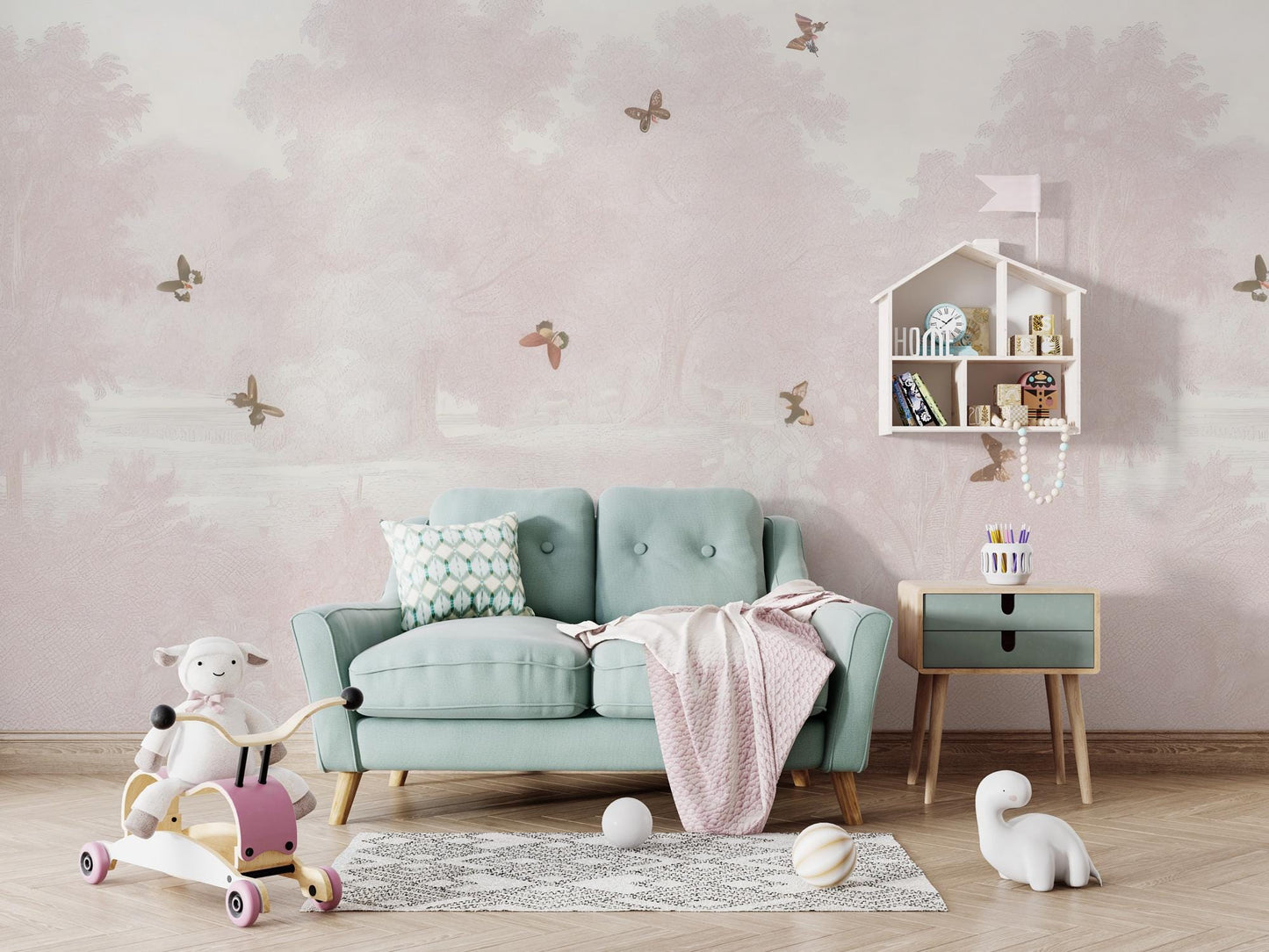 Pink Forest and Butterflies Baby Girl Wallpaper, Sky Wall Poster, Soft Pink Background Baby Room Wallpaper, Illustration Wallpaper Nursery