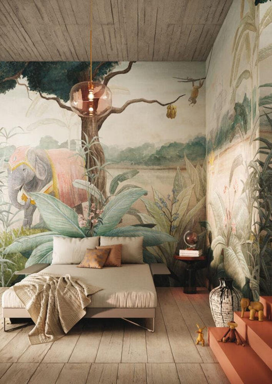 3D Wallpaper with Elephant in the Forest, 3D Wallpaper, Exotic Plant Floral Wallpaper, Palm Leaves Bohemian Wallpaper, Wild Life Wallpaper