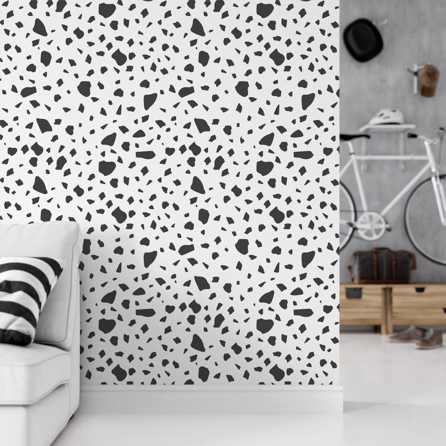 Dark Gray Block Pattern Wallpaper, Minimalist Terrazzo Black & White 3D Kids Wallpaper, Line Art Pattern Wallpaper Nursery, Baby Wallpaper