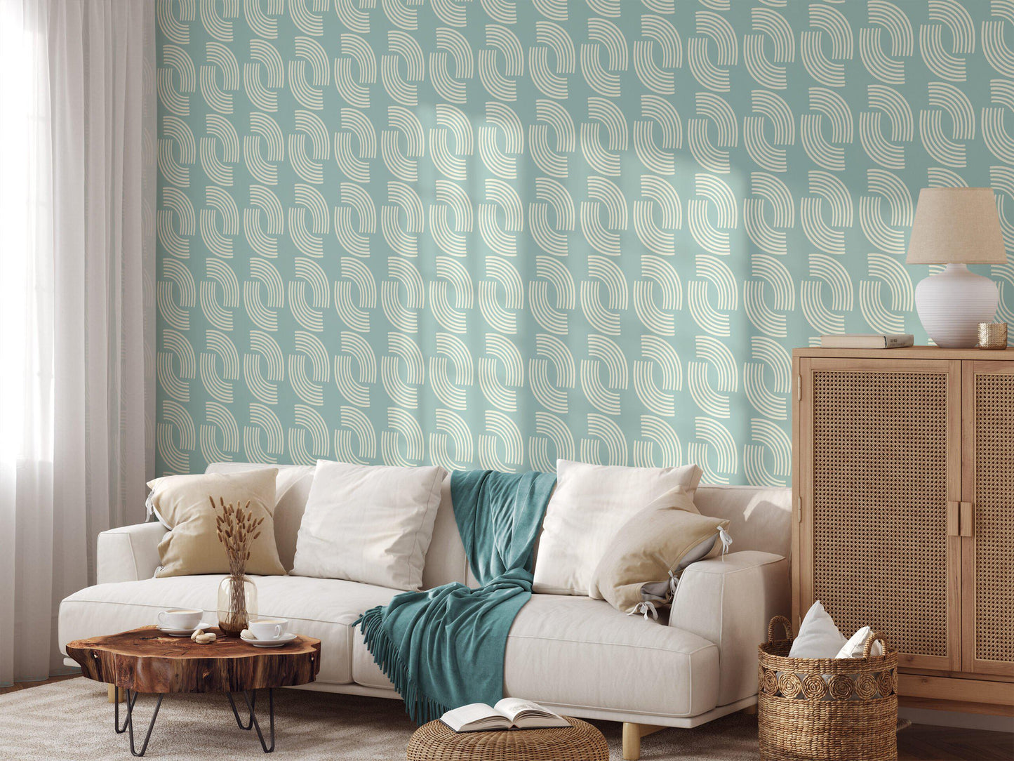 Mint Green Minimalist Wallpaper in Pastel Blue Shades, Stylish Modern Lines Artistic 3D Wall Poster, Geometric Wallpaper, Boho Wallpaper
