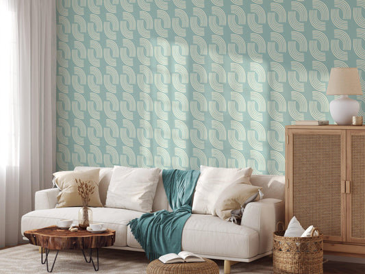 Mint Green Minimalist Wallpaper in Pastel Blue Shades, Stylish Modern Lines Artistic 3D Wall Poster, Geometric Wallpaper, Boho Wallpaper
