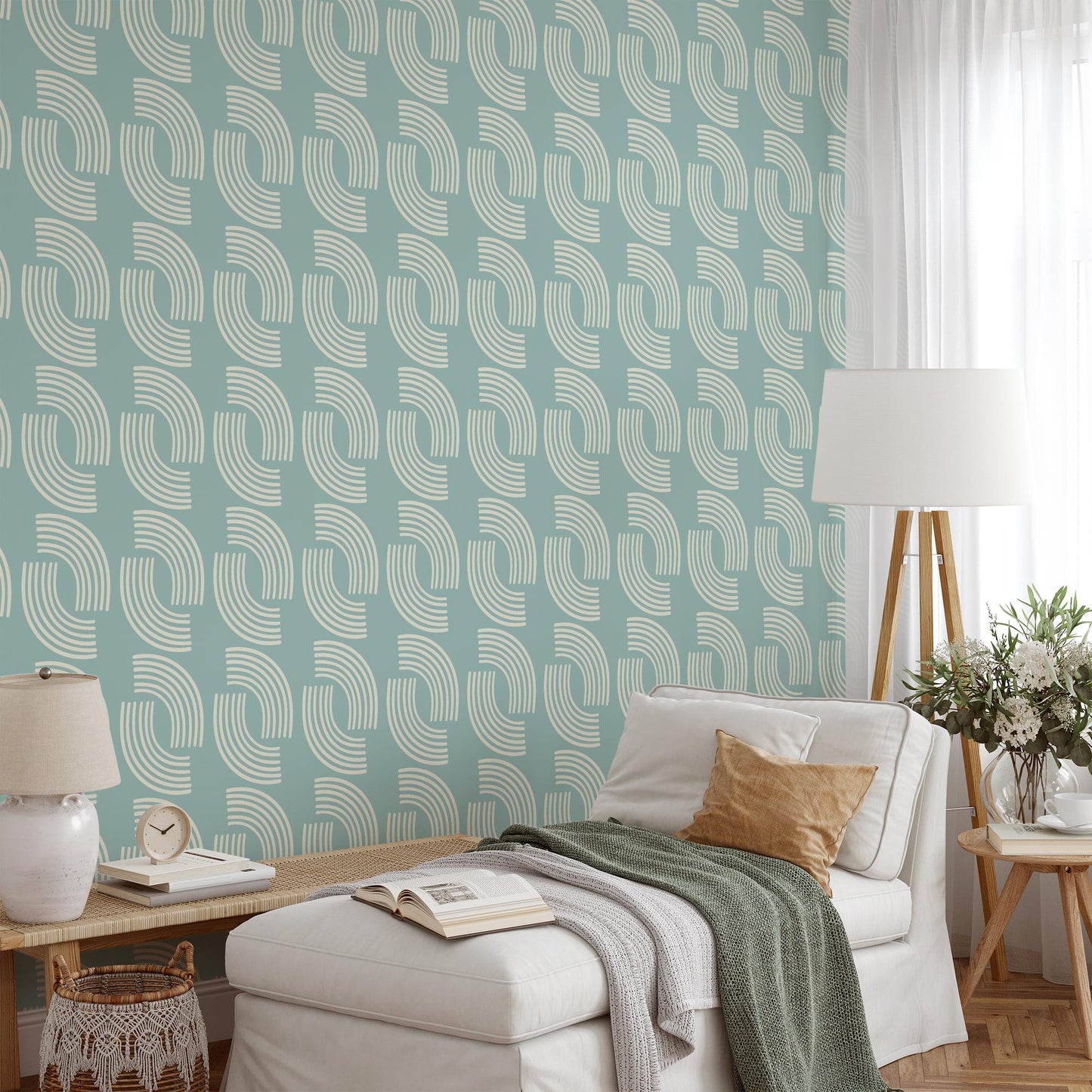 Mint Green Minimalist Wallpaper in Pastel Blue Shades, Stylish Modern Lines Artistic 3D Wall Poster, Geometric Wallpaper, Boho Wallpaper