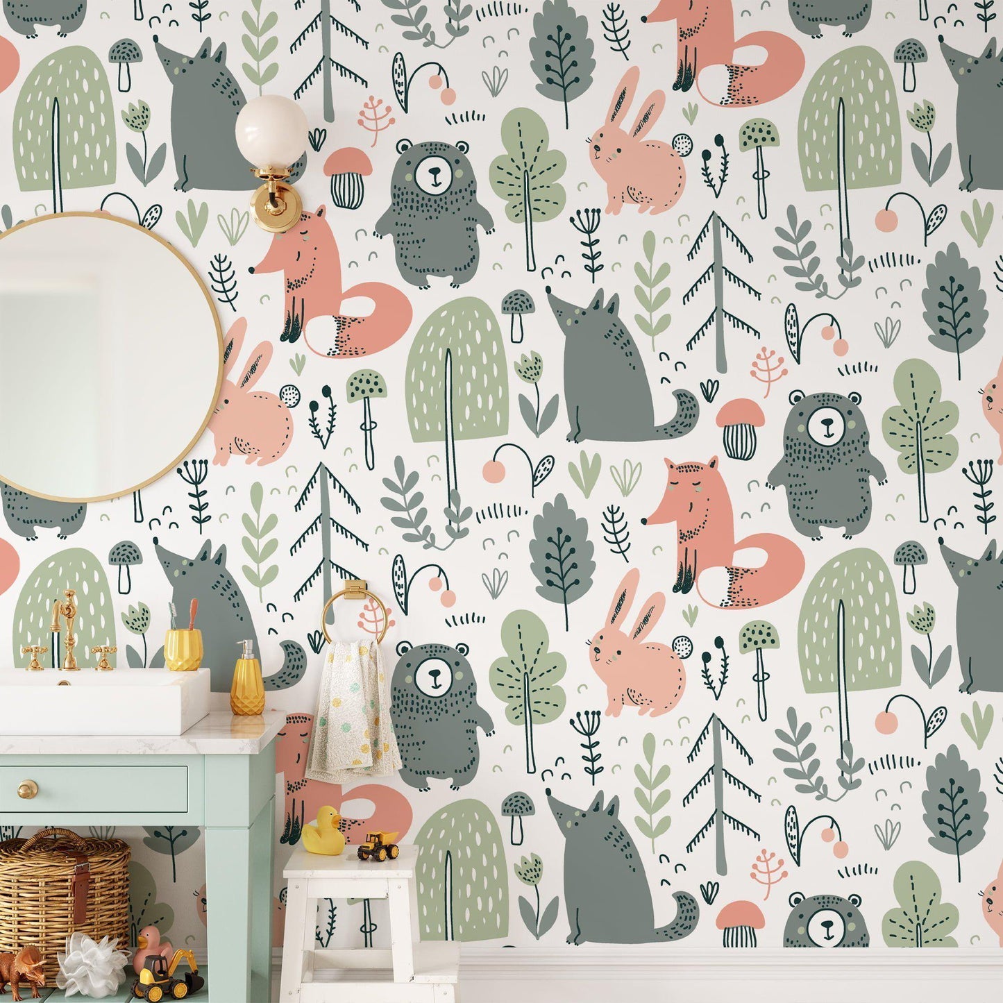 Children's Wallpaper with Fairytale Forest Animals Drawings, Cute Bear and Fox 3D Kids Wall Poster, Cute Baby Wallpaper, Wallpaper Nursery