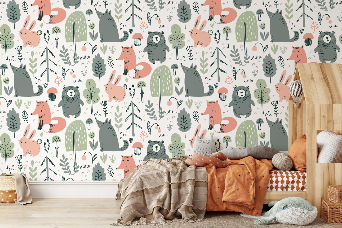 Children's Wallpaper with Fairytale Forest Animals Drawings, Cute Bear and Fox 3D Kids Wall Poster, Cute Baby Wallpaper, Wallpaper Nursery