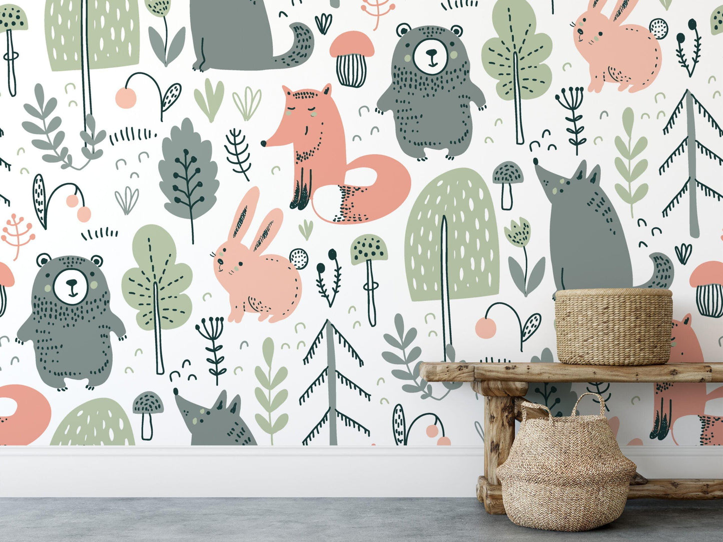 Children's Wallpaper with Fairytale Forest Animals Drawings, Cute Bear and Fox 3D Kids Wall Poster, Cute Baby Wallpaper, Wallpaper Nursery