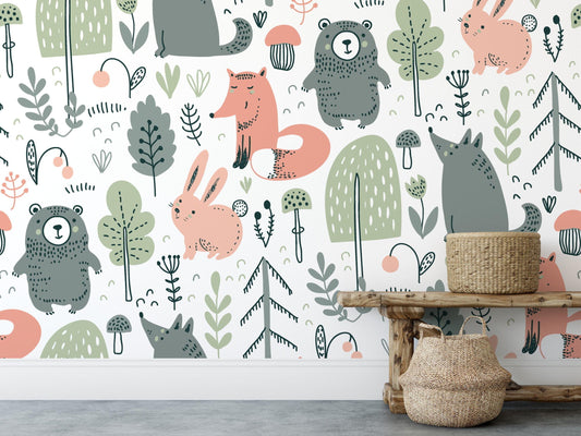 Children's Wallpaper with Fairytale Forest Animals Drawings, Cute Bear and Fox 3D Kids Wall Poster, Cute Baby Wallpaper, Wallpaper Nursery
