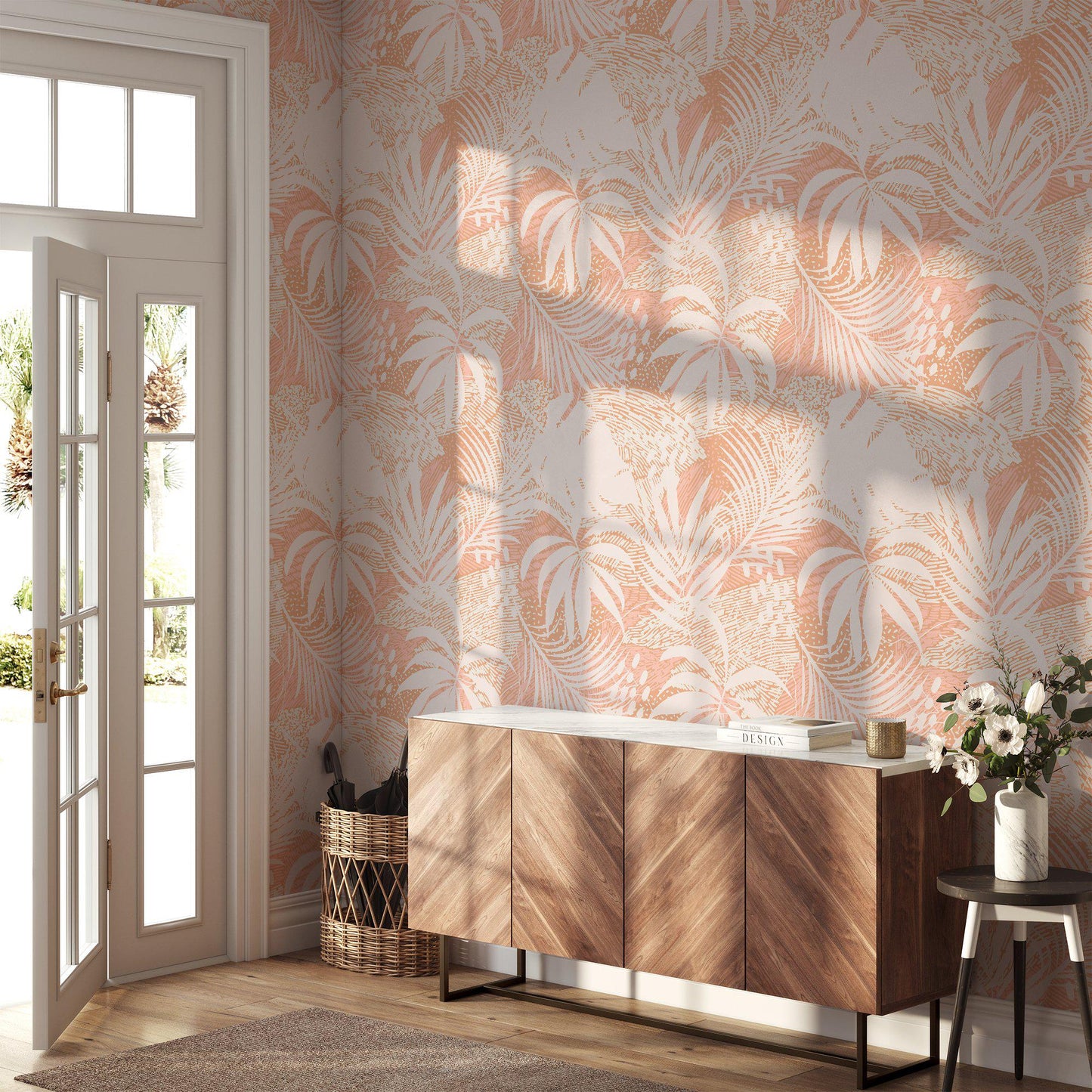 Large Tropical Palm Leaf Silhouette Wallpaper, Powder Pink Modern Stylish Wall Poster, Artistic 3D Wall Poster, Illustration Wallpaper