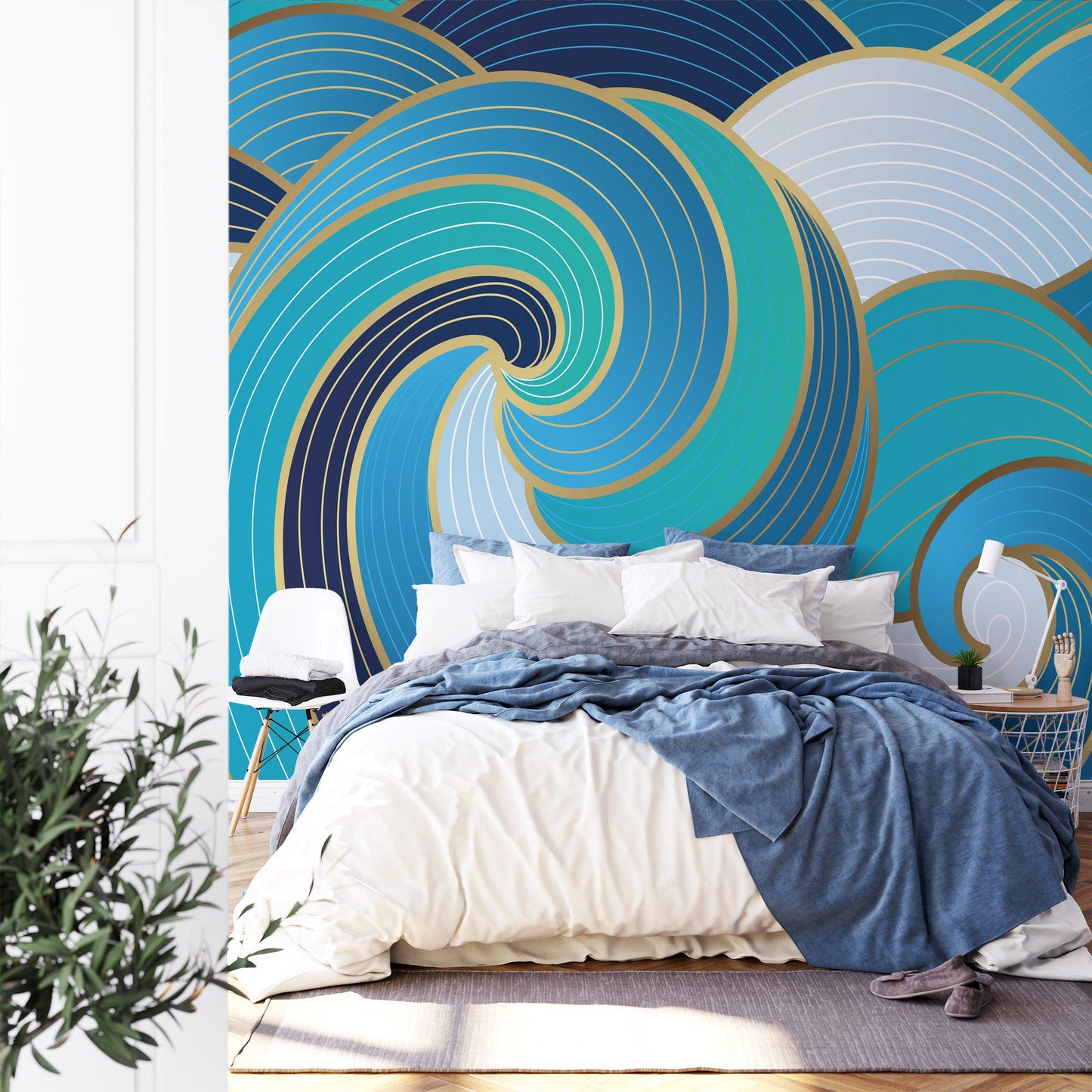 Large Abstract Waves Wallpaper with Blue Shades, Blue And Gold Waves 3D Bathroom  Wallpaper, Stylish Modern Artistic Poster, Boho Wallpaper