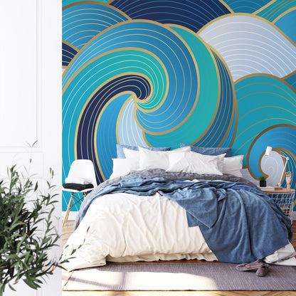 Large Abstract Waves Wallpaper with Blue Shades, Blue And Gold Waves 3D Bathroom  Wallpaper, Stylish Modern Artistic Poster, Boho Wallpaper