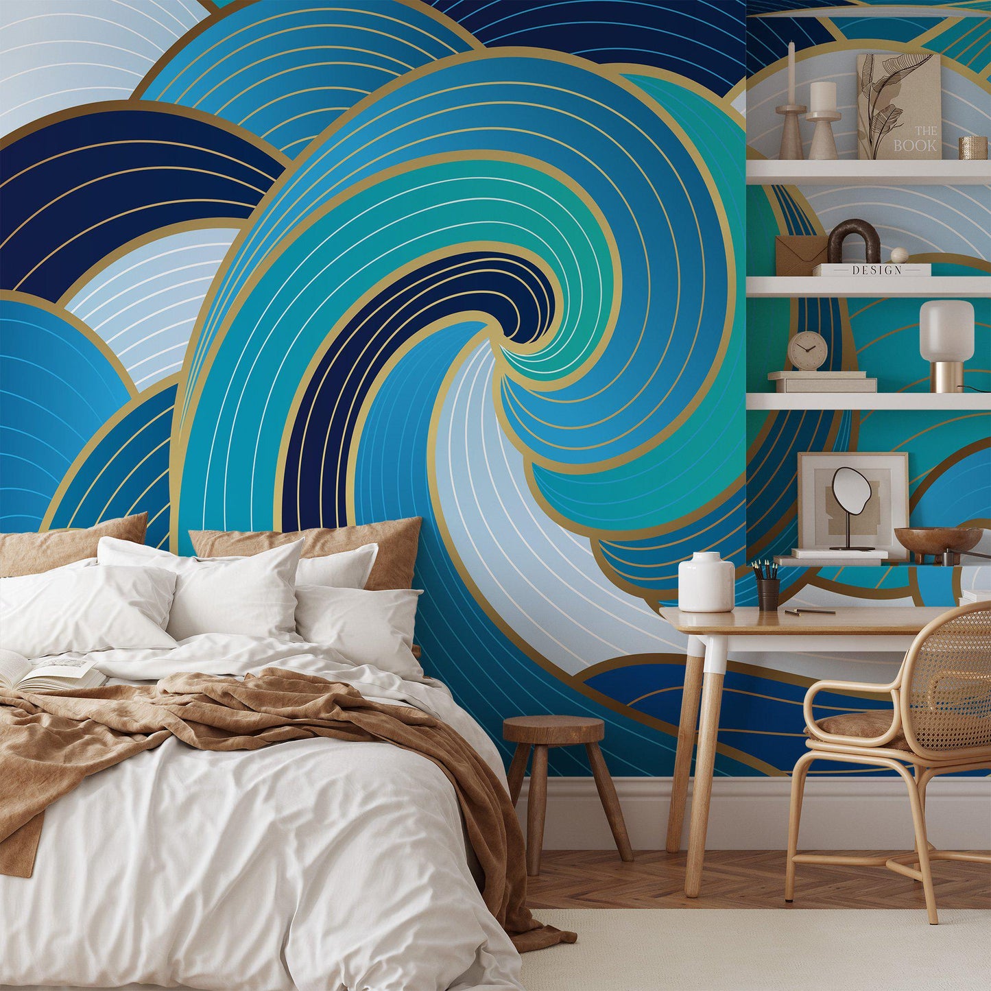 Large Abstract Waves Wallpaper with Blue Shades, Blue And Gold Waves 3D Bathroom  Wallpaper, Stylish Modern Artistic Poster, Boho Wallpaper