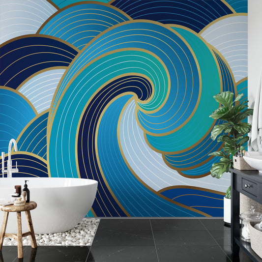 Large Abstract Waves Wallpaper with Blue Shades, Blue And Gold Waves 3D Bathroom  Wallpaper, Stylish Modern Artistic Poster, Boho Wallpaper