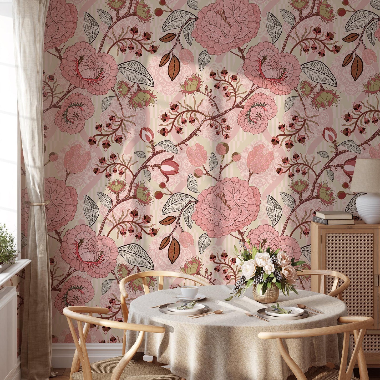 Pink Paisley Damask Style Wallpaper, Vintage Pink Rose Garden Wall Poster, Pink Flowers Wallpaper, Illustration Ethnic Flowers Wallpaper