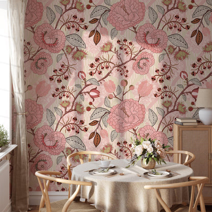 Pink Paisley Damask Style Wallpaper, Vintage Pink Rose Garden Wall Poster, Pink Flowers Wallpaper, Illustration Ethnic Flowers Wallpaper