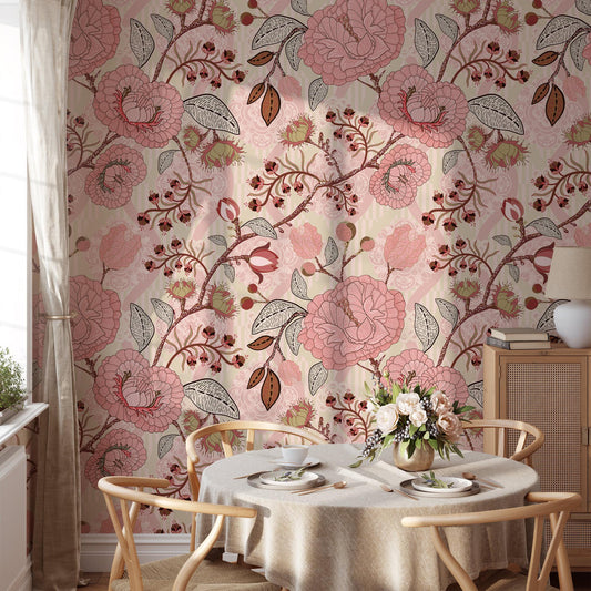 Pink Paisley Damask Style Wallpaper, Vintage Pink Rose Garden Wall Poster, Pink Flowers Wallpaper, Illustration Ethnic Flowers Wallpaper