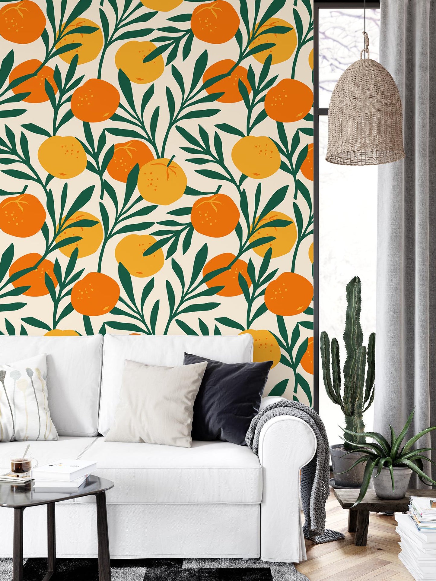 Orange Pattern Wallpaper, Citrus Wall Poster with Vibrant Green Leaves, Illustration Wallpaper, Tangerine Kitchen Mural, Orchard Wallpaper