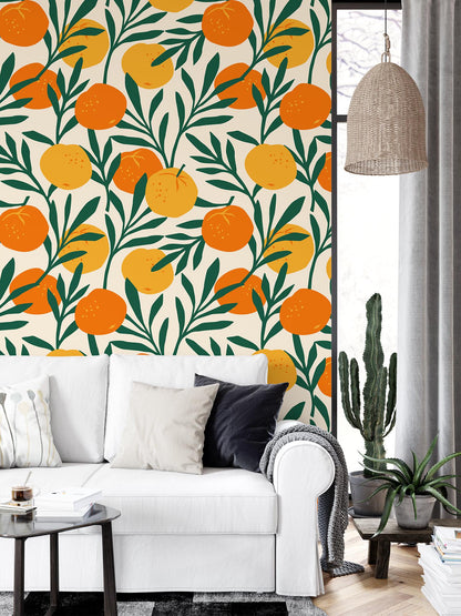 Orange Pattern Wallpaper, Citrus Wall Poster with Vibrant Green Leaves, Illustration Wallpaper, Tangerine Kitchen Mural, Orchard Wallpaper
