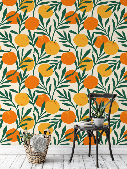 Orange Pattern Wallpaper, Citrus Wall Poster with Vibrant Green Leaves, Illustration Wallpaper, Tangerine Kitchen Mural, Orchard Wallpaper