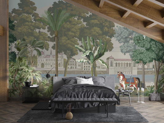 Palace Garden And Mansions Wallpaper, Bohemian Wallpaper, Vintage City Wallpaper, Historical Buildings Wallpaper, Nostalgic Horses Wallpaper