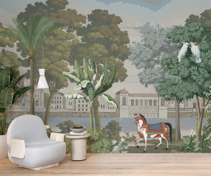 Palace Garden And Mansions Wallpaper, Bohemian Wallpaper, Vintage City Wallpaper, Historical Buildings Wallpaper, Nostalgic Horses Wallpaper