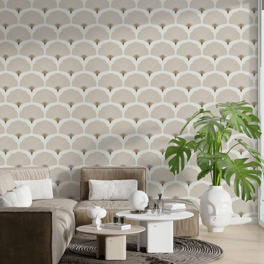 Beige Fan Pattern Wallpaper, Shaped  Wallpaper, Elegance Peel and Stick Wallpaper, Stylish Room Design, Bright Color Wallpaper