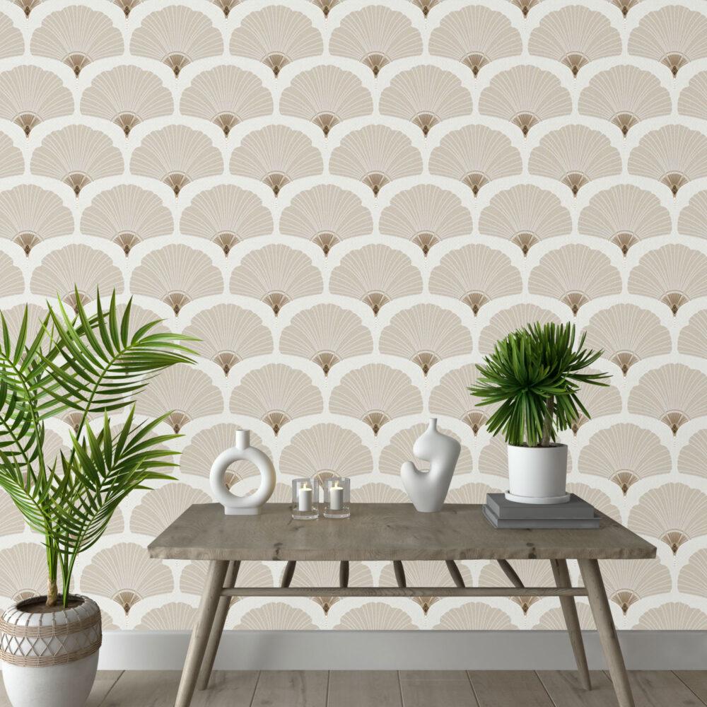 Beige Fan Pattern Wallpaper, Shaped  Wallpaper, Elegance Peel and Stick Wallpaper, Stylish Room Design, Bright Color Wallpaper