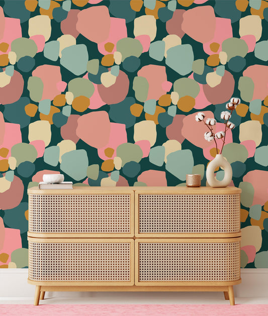 Abstract Exotic Pebbles Wallpaper, Soft Pastel Geometric 3D Wallpaper, Boho Style Pattern Wallpaper, Watercolor Colorful Wallpaper