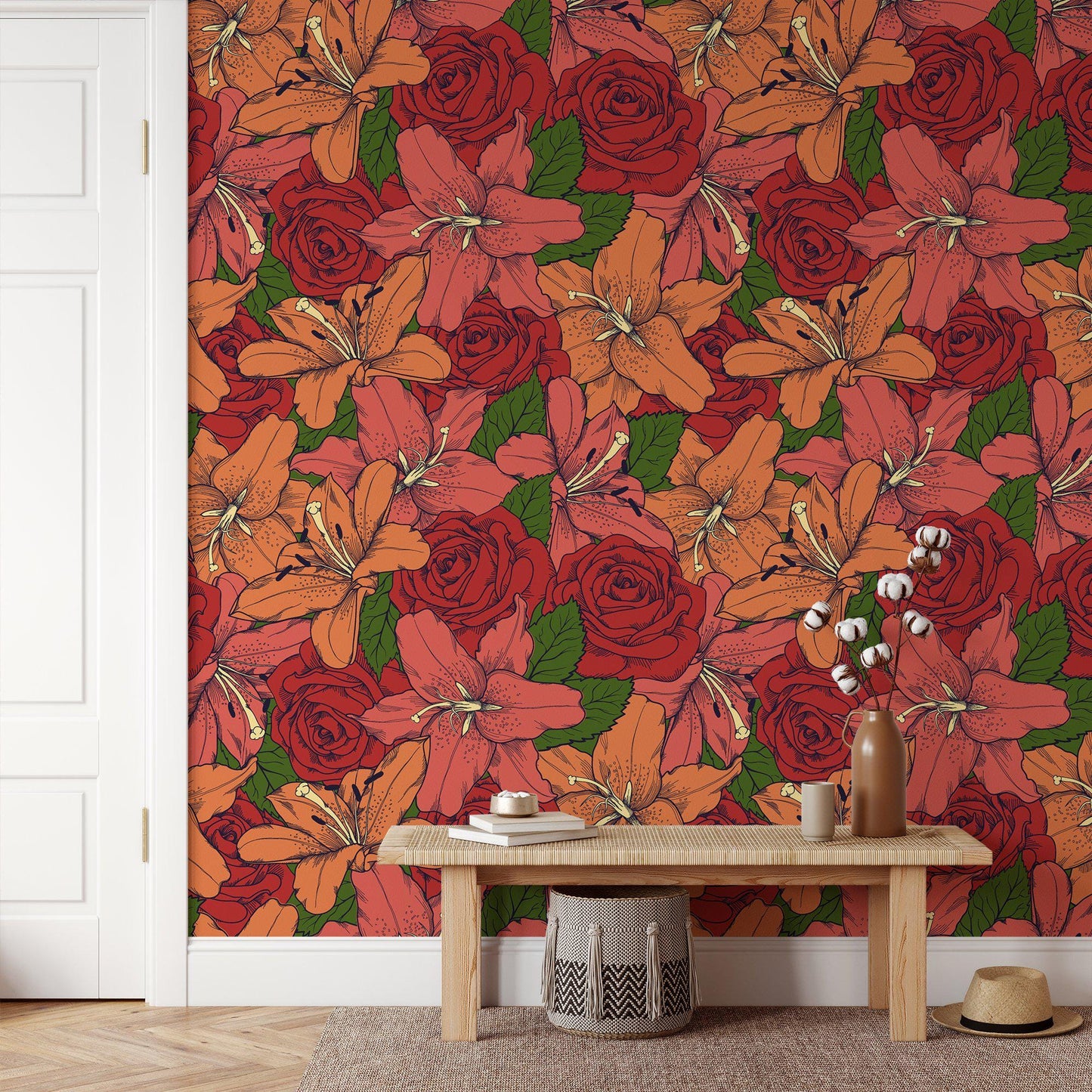 Colorful Retro Striped Red Roses and Flowers Wallpaper, Vivid Rose and Lily Flower Wall Poster, Drawwing Illustration Garden Wallpaper